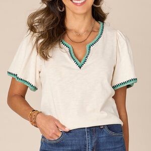 Democracy Bell Sleeve Multi Color Trim Crochet V-Neck Knit Shirt Plus 1X